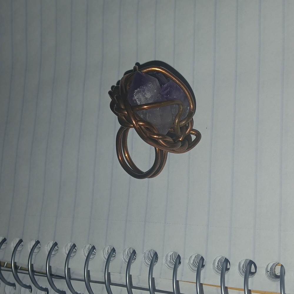 raw amethyst and copper wire-wrapped ring.